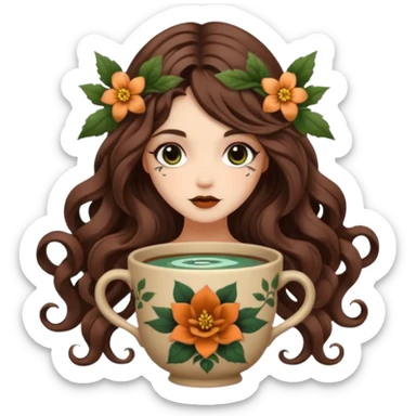 cute forest witch woman long wavy brown hair tattoos curled in flower cup sticker