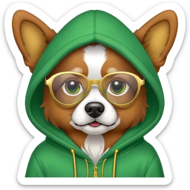 Dog wearing a green hoodie and gold glasses sticker