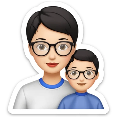 Happy woman with very short hair and glasses having haircut sticker