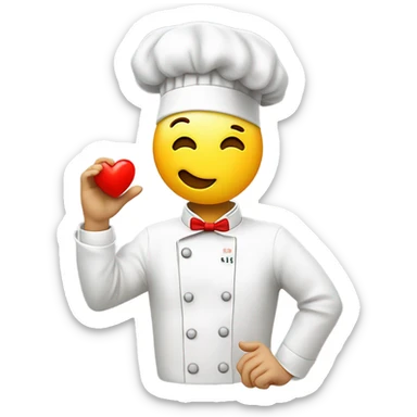 A yellow face emoji wearing a white chef’s hat content expression. It is making a chef’s kiss gesture with its hand, with fingers forming an ‘O’ shape. A small red heart floats near the face sticker