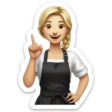 Slavic girl in a white T-shirt and a black apron shows class with her finger and laughs sticker