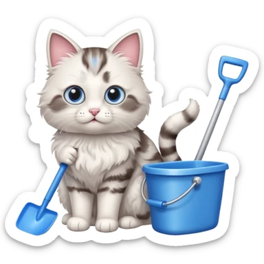 A very cute cat holding a toilet shovel, a litter box beside it sticker