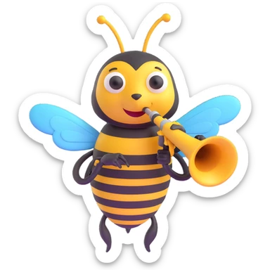 a whimsical bee holding and blowing a trumpet, musical notes around sticker