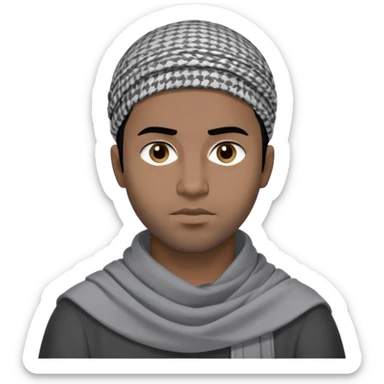 người đàn ông 30 tuổi, da đen, tóc ngắn màu đen, đội khăn kaffiyeh màu xám, mặt ngầu, áo đen, nửa thân treen sticker