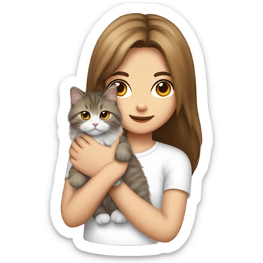 a Siberian cat in the hands of a girl with long brown hair in a white T-shirt sticker