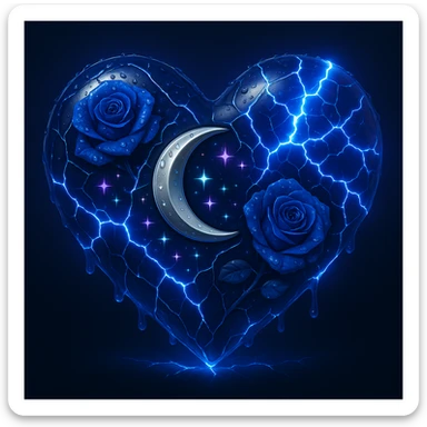 Add more neon lightning effects to the gothic heart made of deep blue glass, with silver crescent moon, midnight blue roses, holographic stardust, drenched look, splintered glass texture, in the style of 3D emoji style. sticker