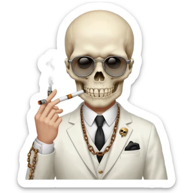 cinematic realistic - steampunk Megadeth - a gentleman in a white suit that smokes, has a skull instead of a head, wears rusty metal glasses with chains sticker