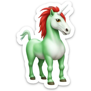 four-legged green unicorn white. a red amazon alien woman, on a unicorn sticker