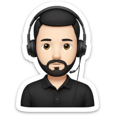 black and  hair with beard and headphones white skin male and nice polo shirt hair short on side black polo  sticker