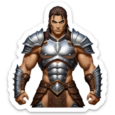 Cinematic Realistic WoW Human Warrior Portrait, captured in a dynamic, battle-ready stance, muscles defined beneath intricately detailed steel armor accented with rich leather. His chiseled visage and determined gaze are rendered with lifelike texture and dynamic natural lighting, high shine, evoking the fierce, relentless spirit of a human warrior in the midst of combat. sticker