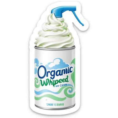 small, white aerosol whipped cream can with a rounded nozzle cap, labeled ‘Organic Whipped Cream’ in green text, featuring soft blue accents and a swirl of whipped cream sticker