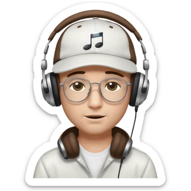dj man white with baseball cap - rayban glasses - brown hair - closed eyes with headphones on with musical note over head (listening to music ) - eyes closed no glasses  sticker