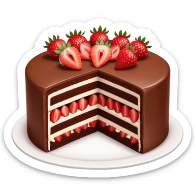 chocolate layer cake with strawberries, cross-section visible sticker