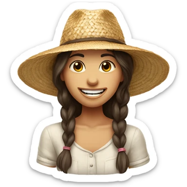 Brunette girl in straw hat with all of her teeth, except for her front top teeth ￼ sticker