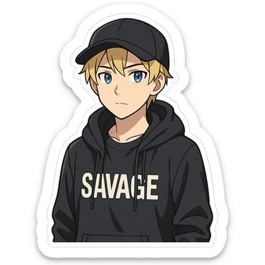anime style young man with short blonde hair, blue eyes, light skin, dark cap, dark hoodie over a "SAVAGE" t-shirt, white outline sticker effect sticker