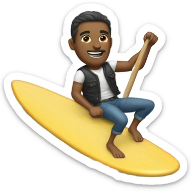 A man wearing a vest and jeans while riding a surf board  sticker