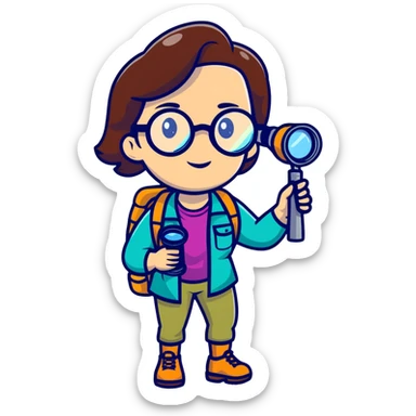 Adventurous woman scientist in her late 30s, glasses, vibrant hiking gear, examining with one magnifying glass, bold colorful style sticker