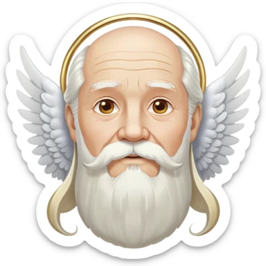 Divine being, elderly man with flowing white hair, long white beard and mustache, large white wings spread behind him, gold hoop earrings dangling from ears sticker