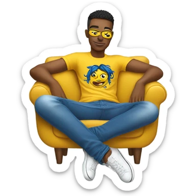 A person lying on a sofa, legs crossed with hands behind the head, relaxing in a cozy setting, yellow emoji color skin, Ed Hardy t-shirt, blue jeans sticker