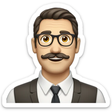 Mid age dark hair white British guy with a crooked short moustache, short hair and rounded glasses sticker