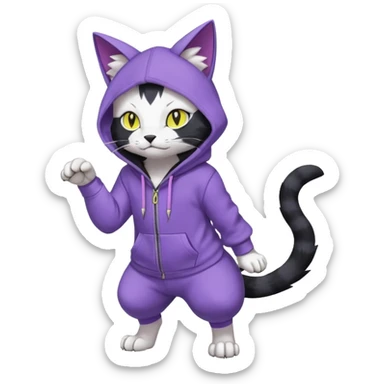 Black cat-garurumon-Gatomon-purloin-feline-Fakemon-Digimon-creature wearing a violet hoodie fursona (full body)  sticker