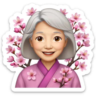 elderly asian woman with cherry blossom sticker