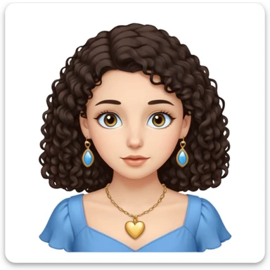 white girl, dark curly hair, big brown eyes, oval face, straight nose, full lips, soft eyebrows, wearing a delicate blue dress, a golden heart necklace, long eyelashes  sticker