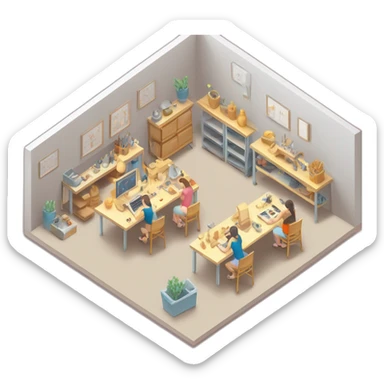 isometric square transparent solid outline border containing indoor creative workshop handmade factory people actively working simple clean sticker