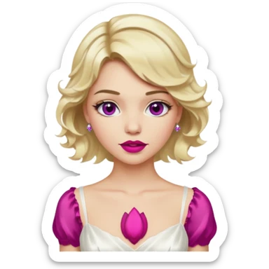 Bride with short wavy blonde hair, hot pink background and white silk chemise dress. Add fuscia background. Add fuscia lipstick sticker