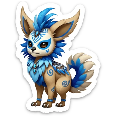 Furry cute colorful exotic tribal feral anime-styled Fakémon-Pokémon-animal-creature with a skull mask, and blue feathers around neck, and blue feathers, with long furry ears, long furry tail, 4 legs, (full body), with intricate pattern-markings  sticker