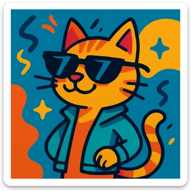 a cool cat wearing sunglasses, fun and expressive style, vibrant toon style sticker