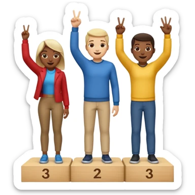 winners podium with three multi-racial people, center step higher, no numbers, all in relaxed fun clothes, center person raising one finger on each hand, left person raising two fingers on each hand, right person raising three fingers on each hand, cheerful expressive emoji style sticker