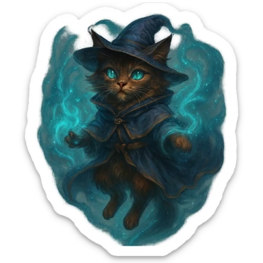 wizard cat floating with a magical aura, mystical fantasy style sticker