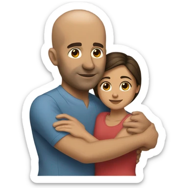 Comforting hug from tall, brunette, Puerto Rican woman to shorter bald male sticker