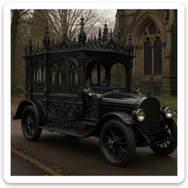 a classic gothic hearse car with ornate details sticker