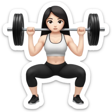 Девушка белокожая, с длинными темными волосами, в одежде для йоги - черные лосины, белый топ, делает присед со штангой 100 килограмм на плечах, правильные пропорции тела, только человек, весь эмодзи это вид в профиль sticker