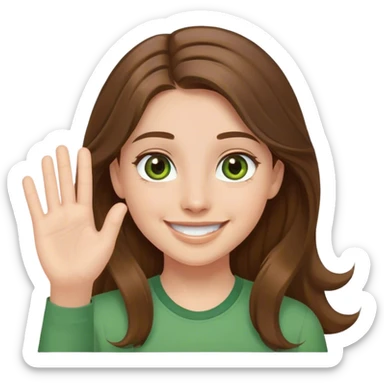 smiling girl with long brown hair, middle hair part, waving, green shirt, hazel eyes sticker