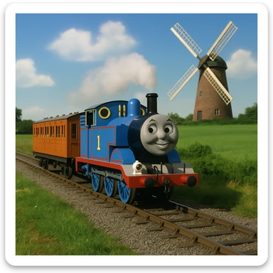 Thomas the Tank Engine with Annie and Clarabelle passing a windmill, authentic TV show look, blue locomotive, two orange coaches, green fields, no text sticker