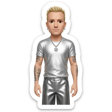 Chester Bennington with brown eyes, blonde hair, white metallic T-shirt, gray metallic baggy pants, silver necklace sticker