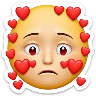 A yellow circular frowning face that is crying tears from its eyes, with a dozen hearts floating from top to bottom in front of it sticker