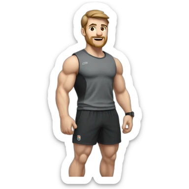 Close up Actively gesturing  with hands Pale skinned Fit Man With the biceps and brown hair in dark gray Sleeveless Mike, black oversize sports shorts, watch and white Sneakers sticker