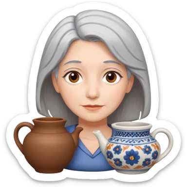 Woman with grey hair with ceramics sticker