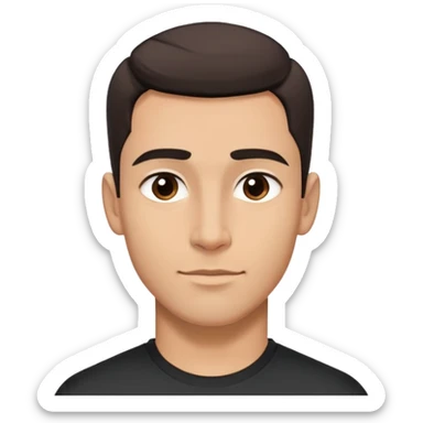 Attractive man in his 40s with youthful appearance, light brown skin, elongated face, defined jawline, medium dark eyes, arched eyebrows, straight nose, handsome friendly expression, short dark hair styled upward, athletic build, wearing a fitted black t-shirt sticker