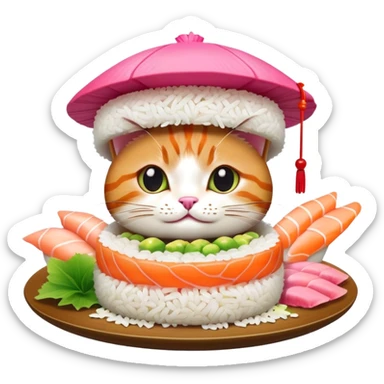 cat wearing a sushi hat with rice base, multiple fish pieces on top, wasabi accent, pink ginger slices, and lots of soy sauce heavily dripping down the sides sticker