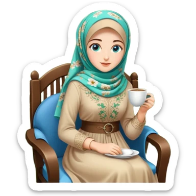 Turkish beautiful finish Konya girls blue eyes with Beautiful light brown green floral hijab long tail dress and in a lovely garden sits on the chair on the ground and holds cup coffe with her hand  sticker