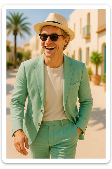 Make the man more animated and Scandinavian with lively expression and Scandinavian features. Keep the pastel green linen suit, sunglasses, and straw hat. sticker