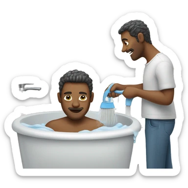 A man washing and brushing himself with a background towards sticker