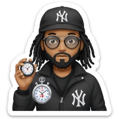 African American Man with shoulder length black dreadlocks with black beard wearing black sunglasses wearing a black bubble winter coat and a New York Yankees logo baseball cap holding a stopwatch sticker