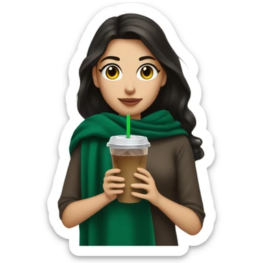 brunette girl with long lashes and a dark green blanket wrapped around her shoulders holding an iced coffee sticker