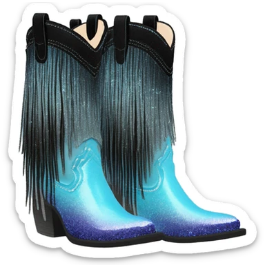 Realistic pastel blue to black ombre pair of fashion cowgirl boots with sparkly shiny glitter fringe on them. sticker